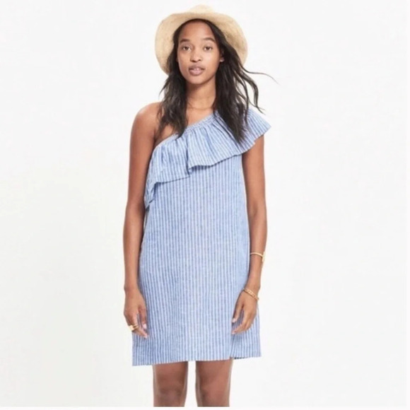 MADEWELL One Shoulder Blue & White Striped Dress Size XXS - Picture 1 of 5